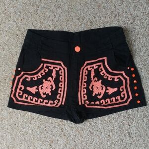 Black and Pink Embroidered Jean Shorts with Retro Design
